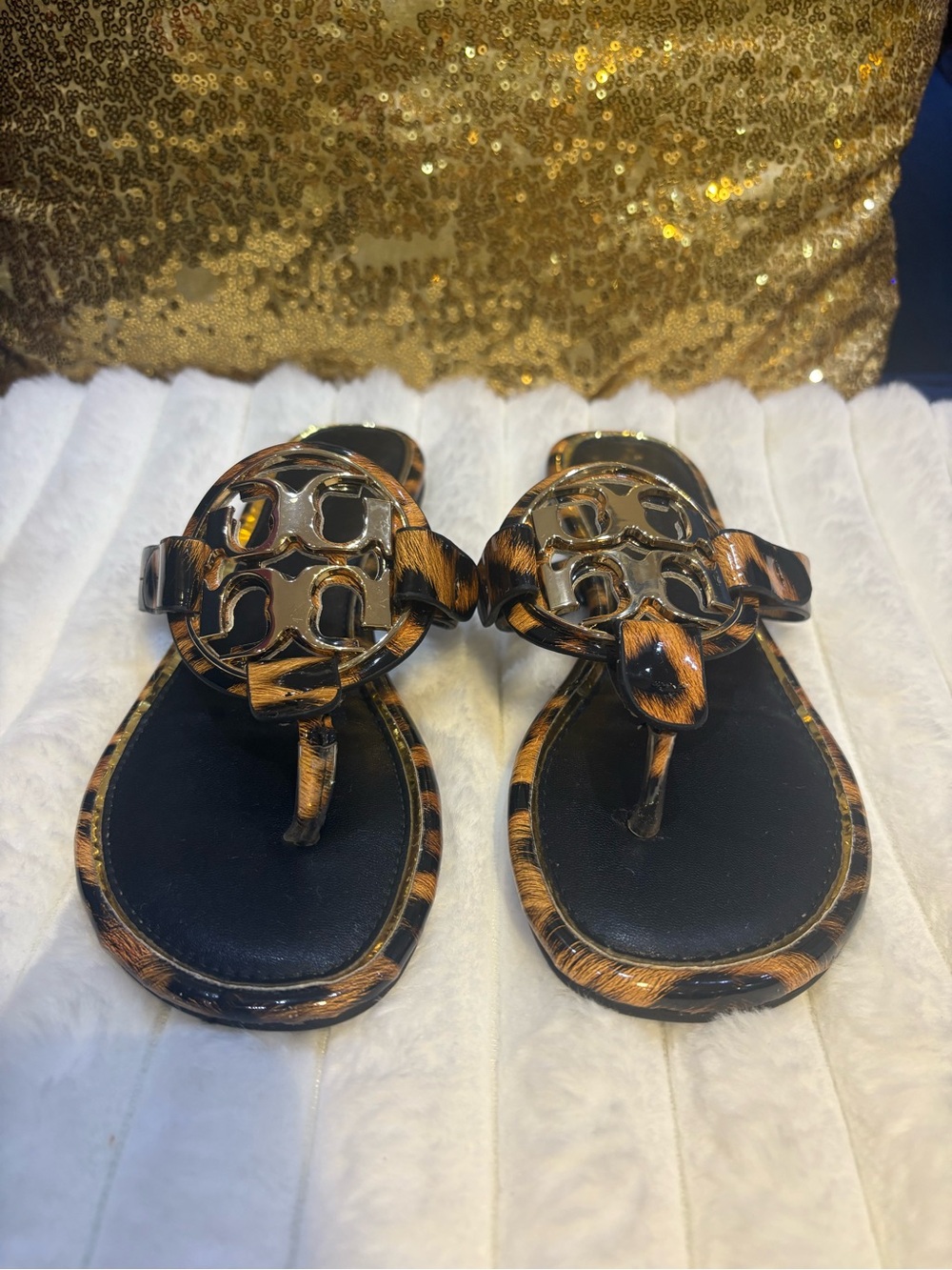 & Other Stories Black and Leopard-Print Logo Thong Sandals